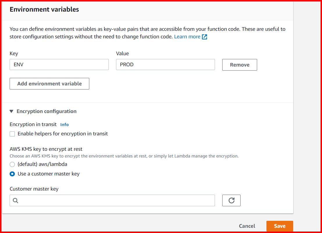 Picture showing the Encryption configuration section of the Environment variable tab